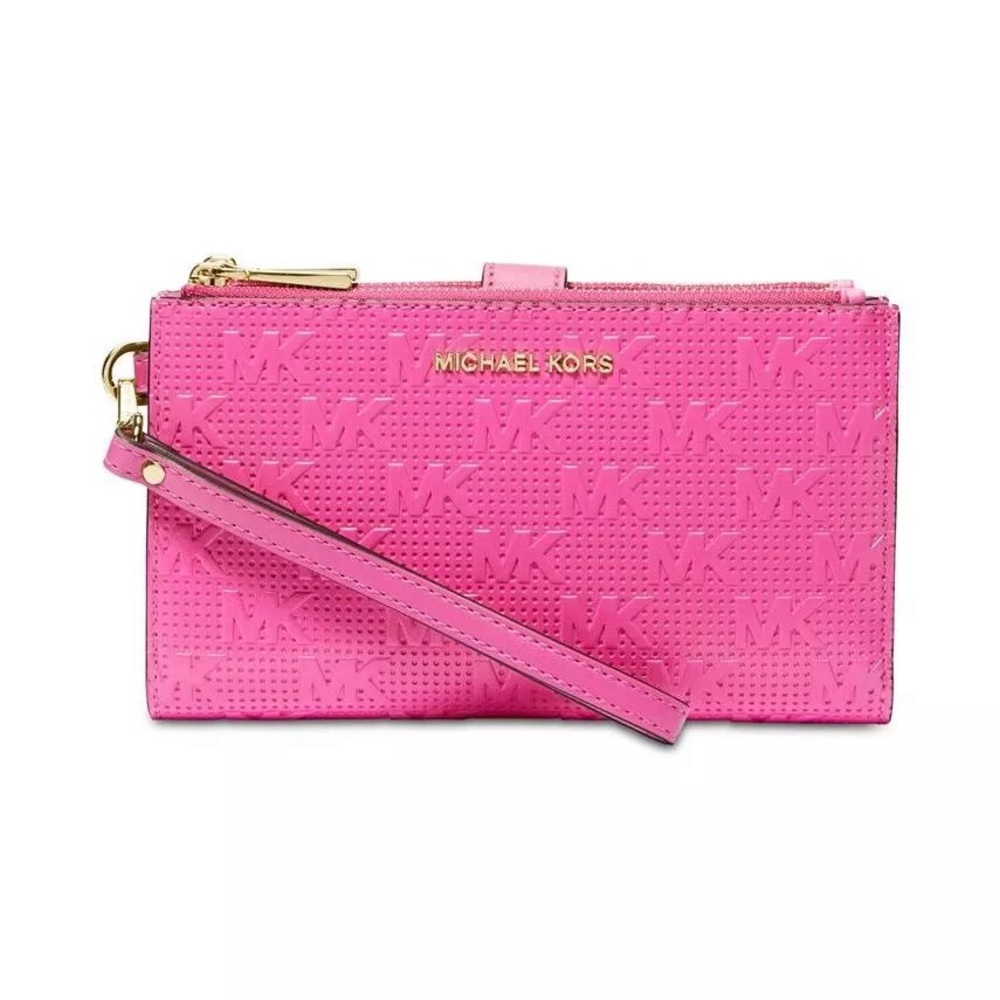 Michael Kors Signature Jet Set Travel Double Zip w/ Cerise Large Wristlet PINK